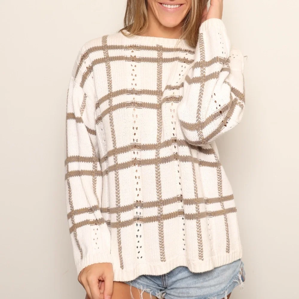 EUC Vintage Chrysantheme Cream and Brown Patterned Knit Sweater